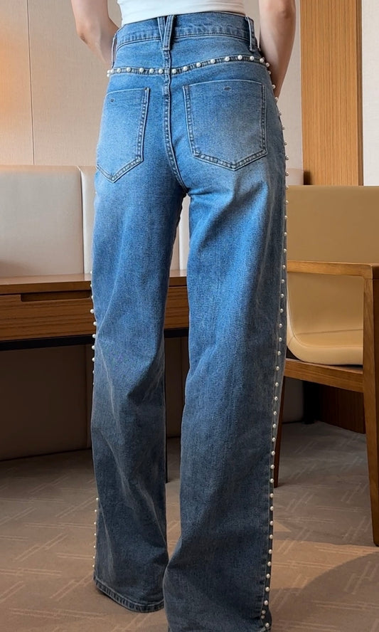 仿珍珠牛仔裤