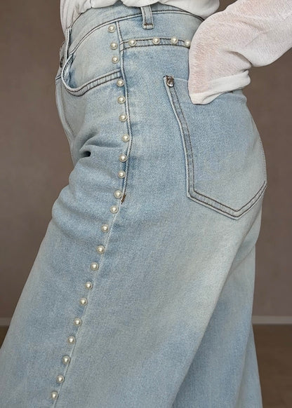 Faux pearl denim pants