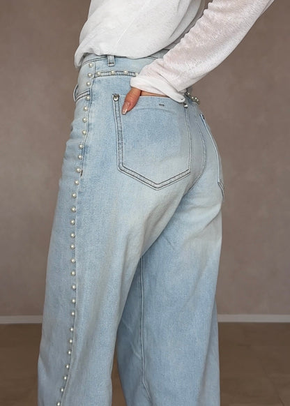 Faux pearl denim pants