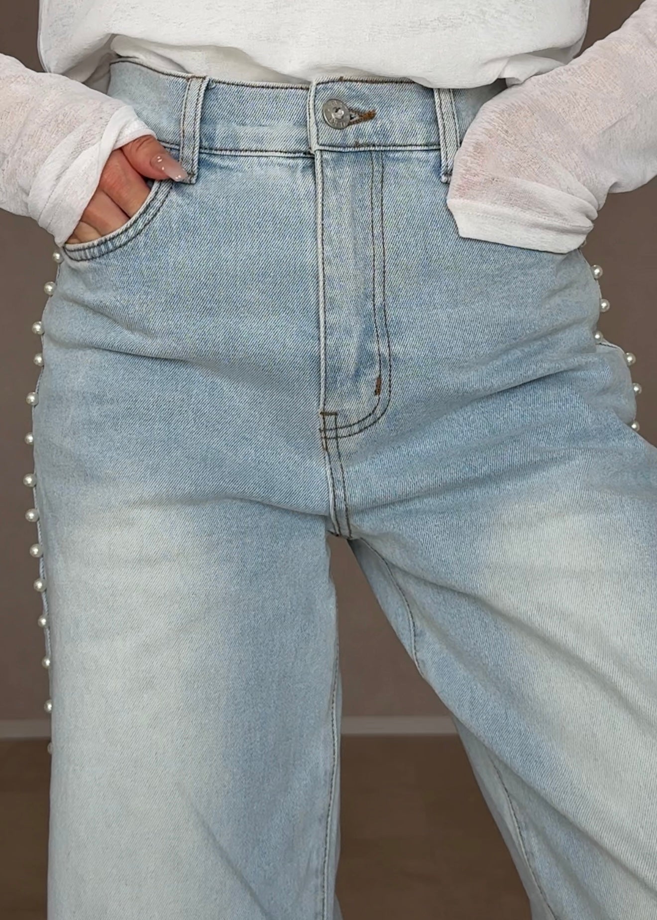 Faux pearl denim pants