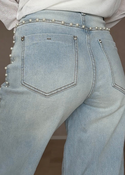 Faux pearl denim pants