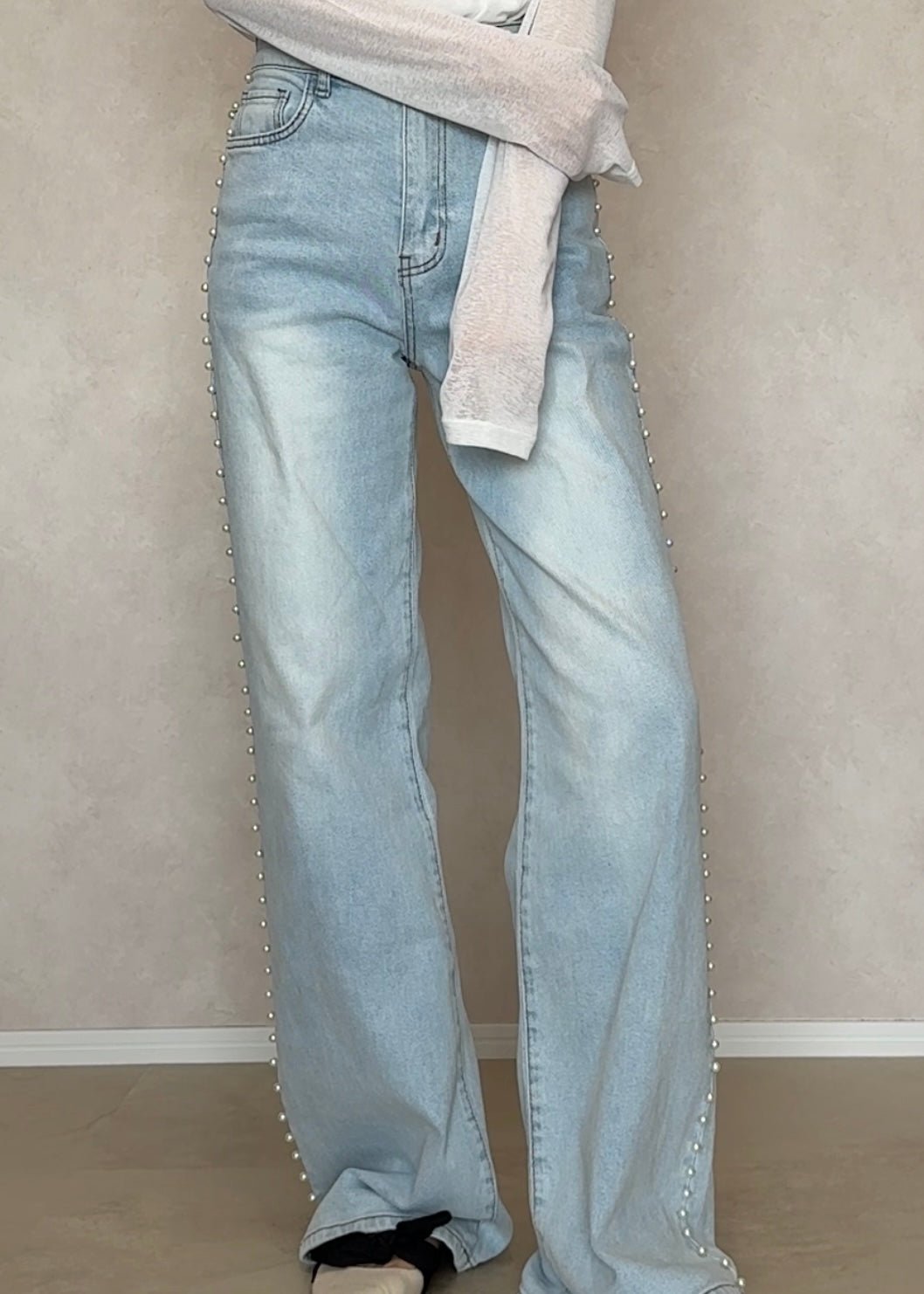 Faux pearl denim pants