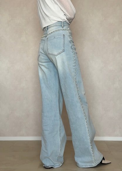 Faux pearl denim pants