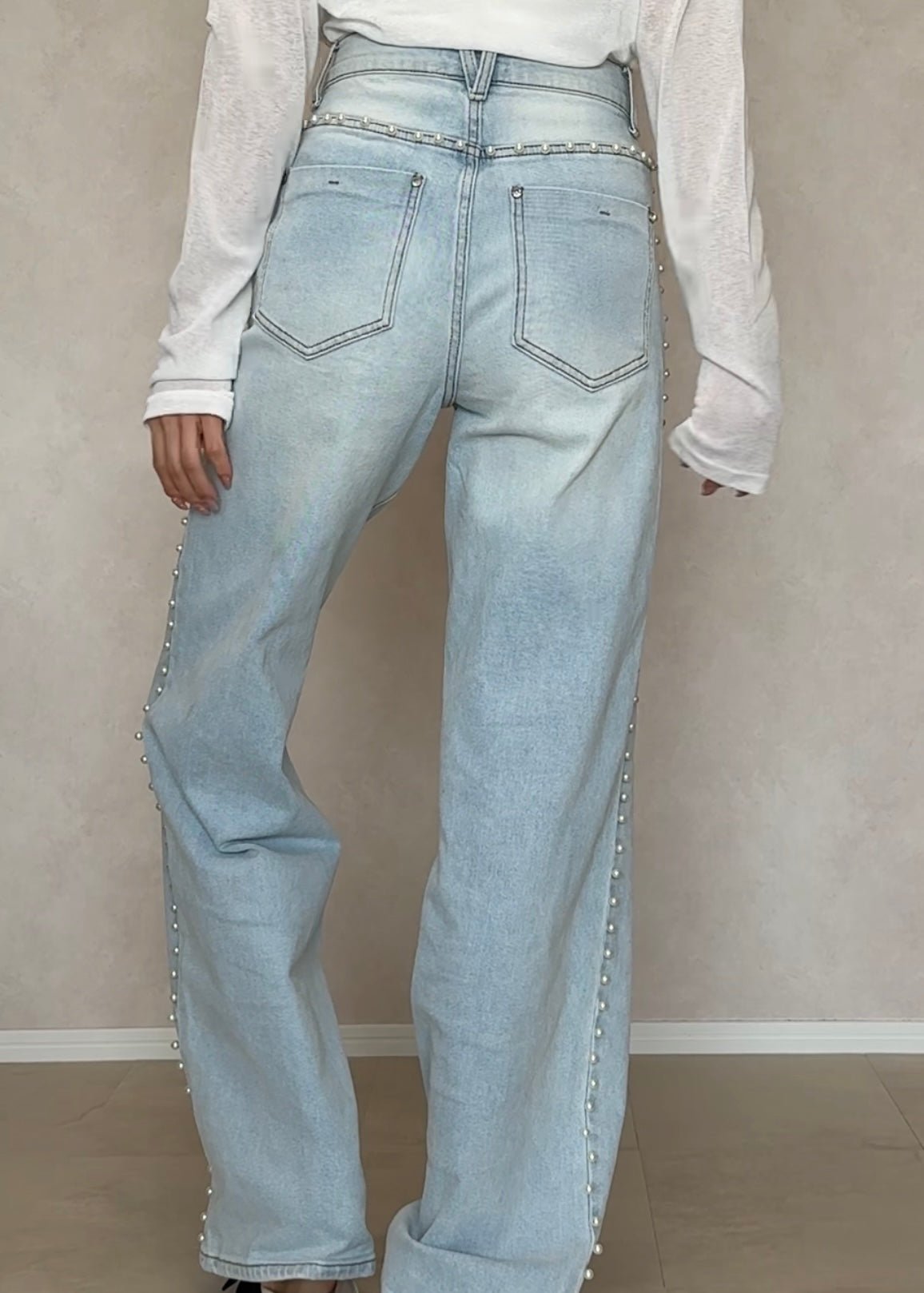 Faux pearl denim pants