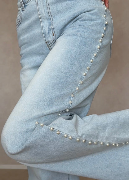 Faux pearl denim pants