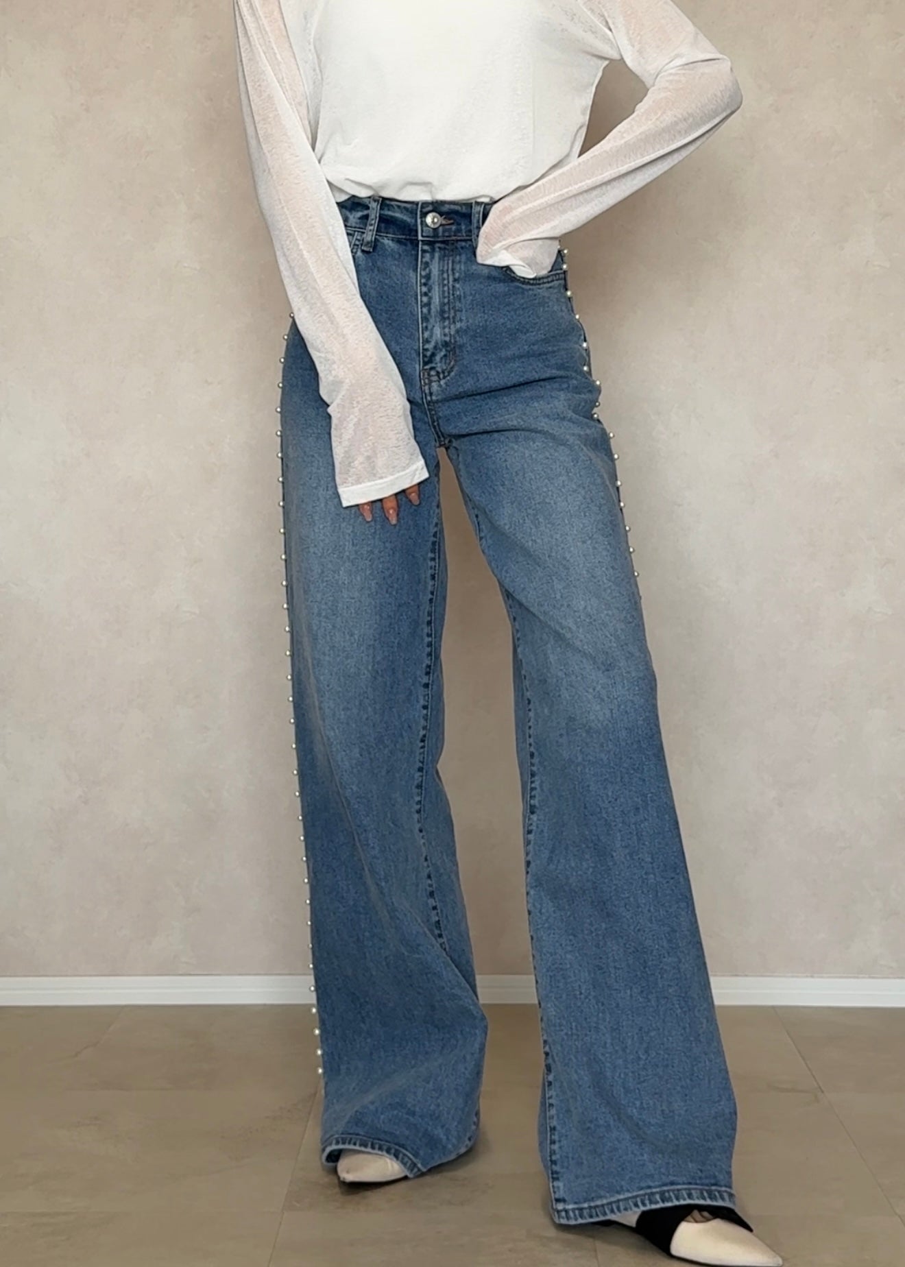 Faux pearl denim pants