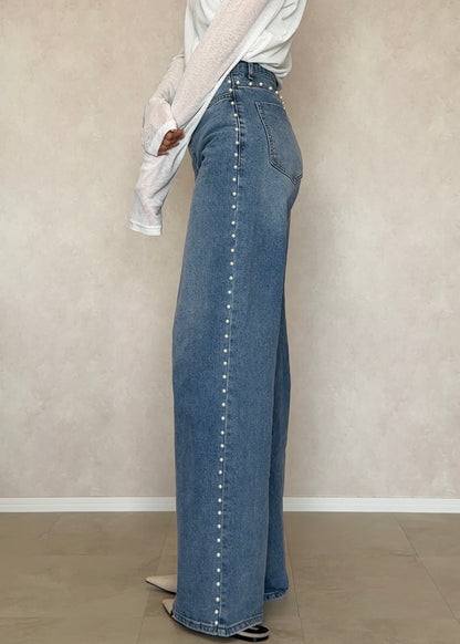 Faux pearl denim pants