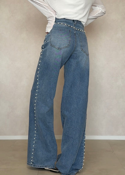 Faux pearl denim pants