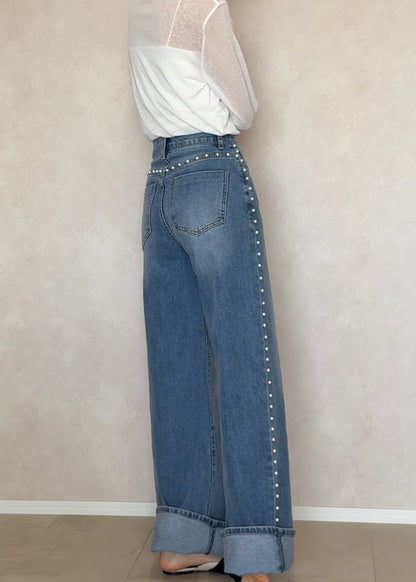 Faux pearl denim pants