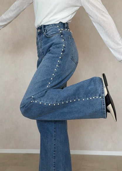 Faux pearl denim pants