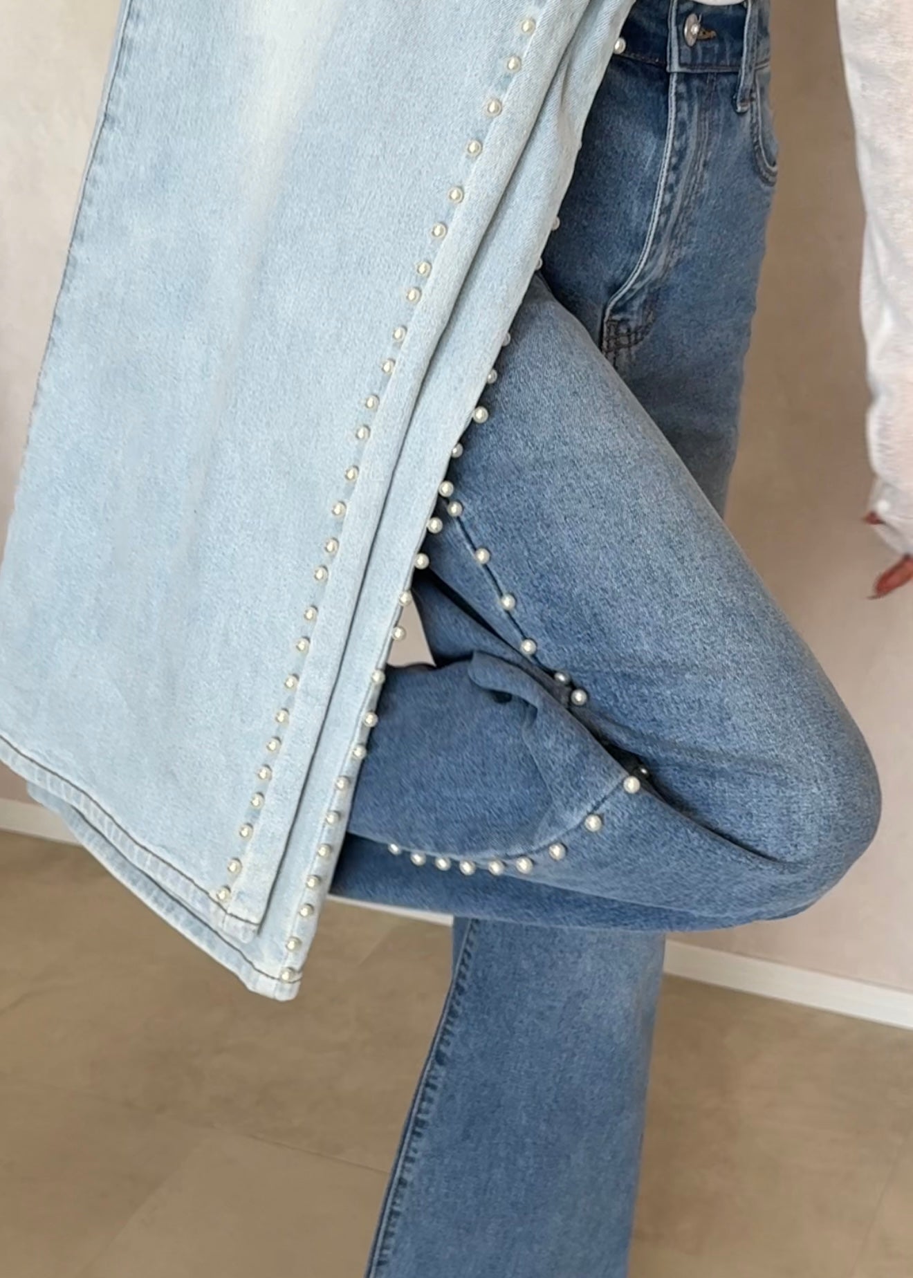 Faux pearl denim pants